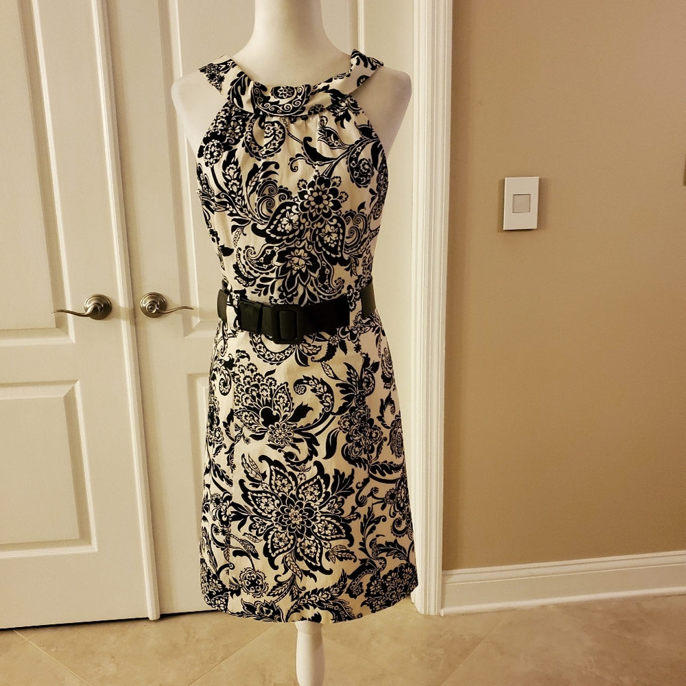 Elegant Black and Cream Midi Dress Size 12